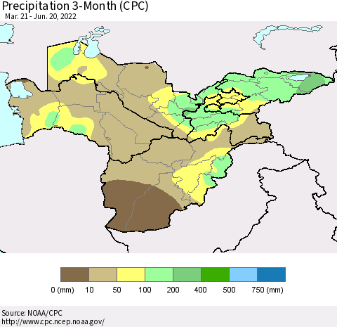 Central Asia Precipitation 3-Month (CPC) Thematic Map For 3/21/2022 - 6/20/2022