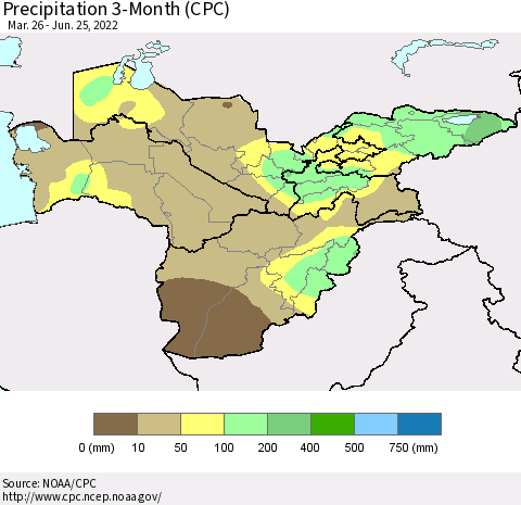 Central Asia Precipitation 3-Month (CPC) Thematic Map For 3/26/2022 - 6/25/2022