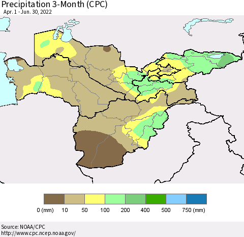 Central Asia Precipitation 3-Month (CPC) Thematic Map For 4/1/2022 - 6/30/2022