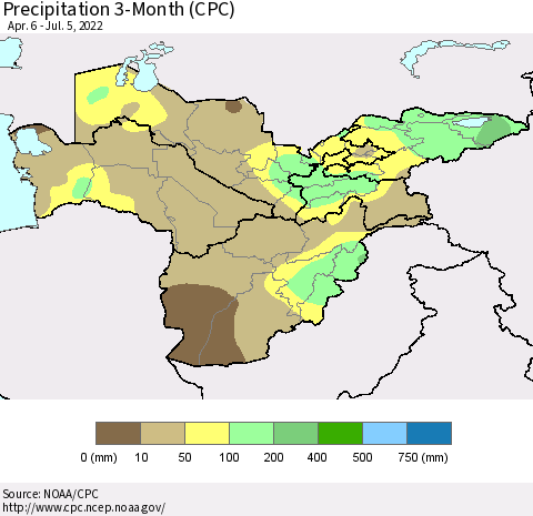 Central Asia Precipitation 3-Month (CPC) Thematic Map For 4/6/2022 - 7/5/2022