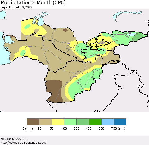 Central Asia Precipitation 3-Month (CPC) Thematic Map For 4/11/2022 - 7/10/2022