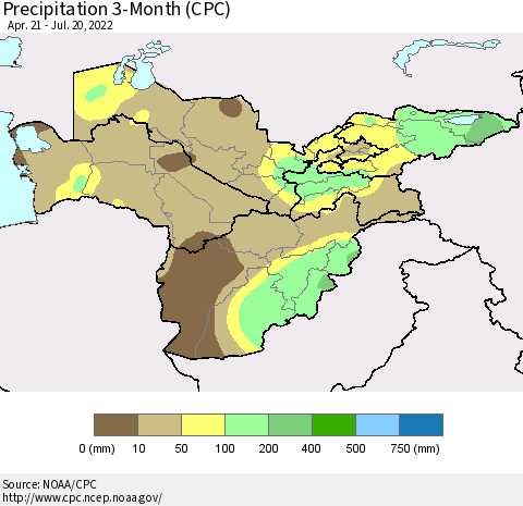 Central Asia Precipitation 3-Month (CPC) Thematic Map For 4/21/2022 - 7/20/2022
