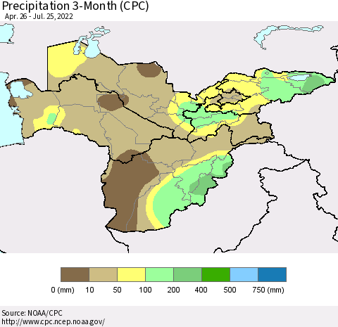 Central Asia Precipitation 3-Month (CPC) Thematic Map For 4/26/2022 - 7/25/2022