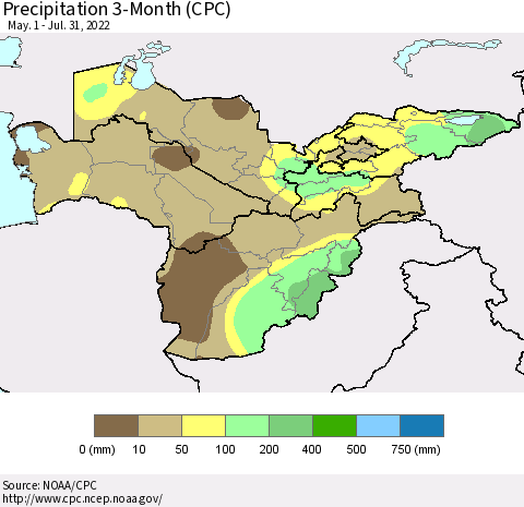 Central Asia Precipitation 3-Month (CPC) Thematic Map For 5/1/2022 - 7/31/2022