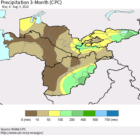 Central Asia Precipitation 3-Month (CPC) Thematic Map For 5/6/2022 - 8/5/2022