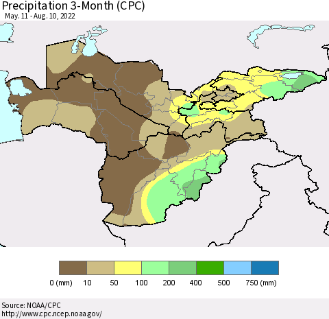 Central Asia Precipitation 3-Month (CPC) Thematic Map For 5/11/2022 - 8/10/2022