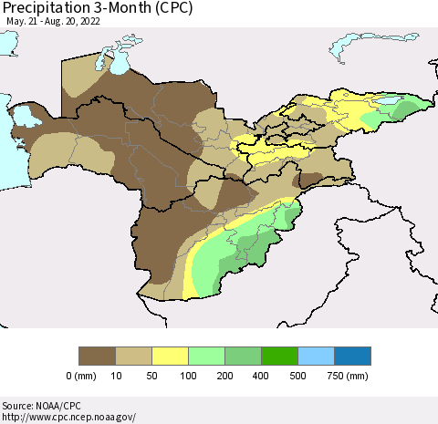 Central Asia Precipitation 3-Month (CPC) Thematic Map For 5/21/2022 - 8/20/2022