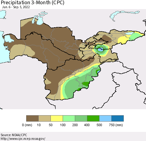 Central Asia Precipitation 3-Month (CPC) Thematic Map For 6/6/2022 - 9/5/2022