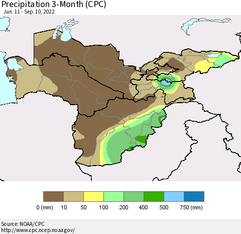 Central Asia Precipitation 3-Month (CPC) Thematic Map For 6/11/2022 - 9/10/2022