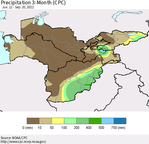 Central Asia Precipitation 3-Month (CPC) Thematic Map For 6/21/2022 - 9/20/2022