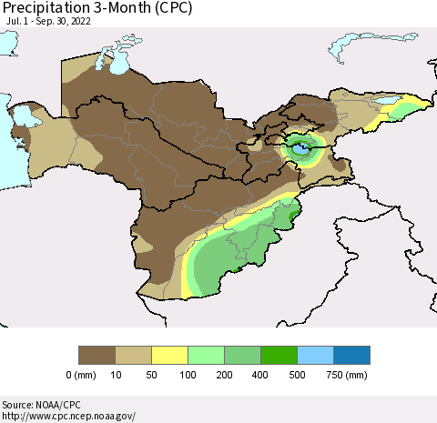 Central Asia Precipitation 3-Month (CPC) Thematic Map For 7/1/2022 - 9/30/2022