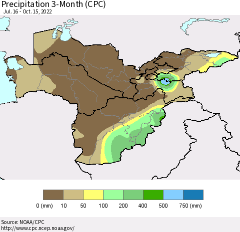 Central Asia Precipitation 3-Month (CPC) Thematic Map For 7/16/2022 - 10/15/2022