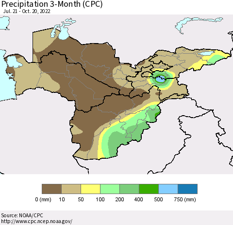 Central Asia Precipitation 3-Month (CPC) Thematic Map For 7/21/2022 - 10/20/2022