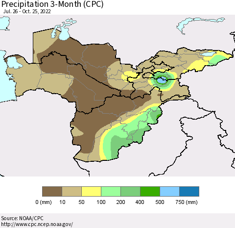 Central Asia Precipitation 3-Month (CPC) Thematic Map For 7/26/2022 - 10/25/2022