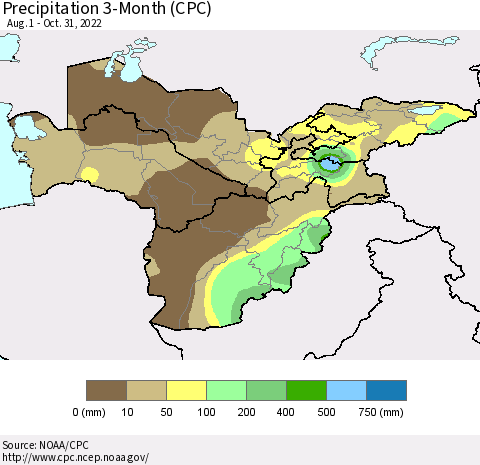 Central Asia Precipitation 3-Month (CPC) Thematic Map For 8/1/2022 - 10/31/2022