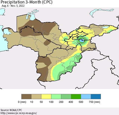 Central Asia Precipitation 3-Month (CPC) Thematic Map For 8/6/2022 - 11/5/2022
