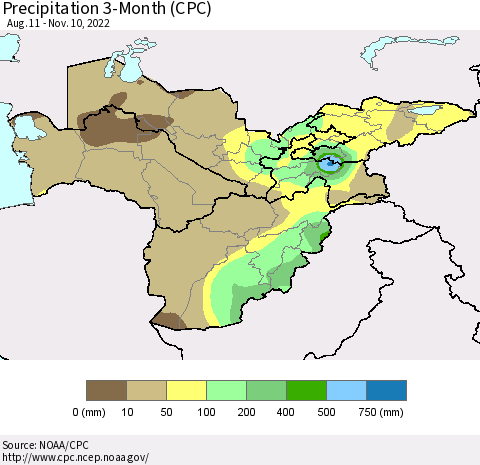 Central Asia Precipitation 3-Month (CPC) Thematic Map For 8/11/2022 - 11/10/2022