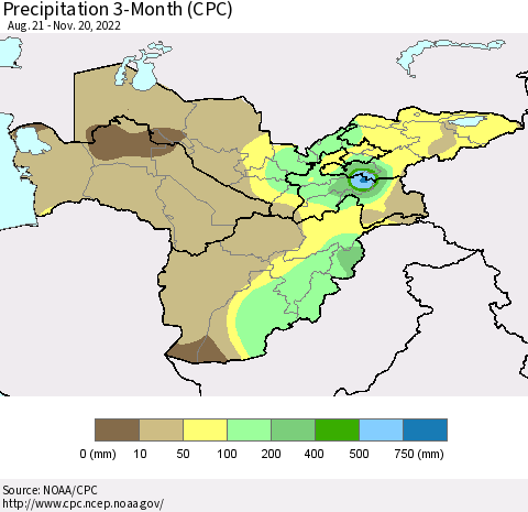 Central Asia Precipitation 3-Month (CPC) Thematic Map For 8/21/2022 - 11/20/2022