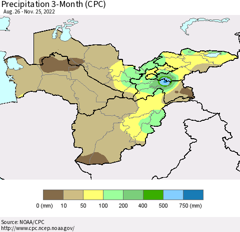 Central Asia Precipitation 3-Month (CPC) Thematic Map For 8/26/2022 - 11/25/2022