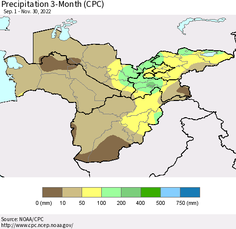 Central Asia Precipitation 3-Month (CPC) Thematic Map For 9/1/2022 - 11/30/2022