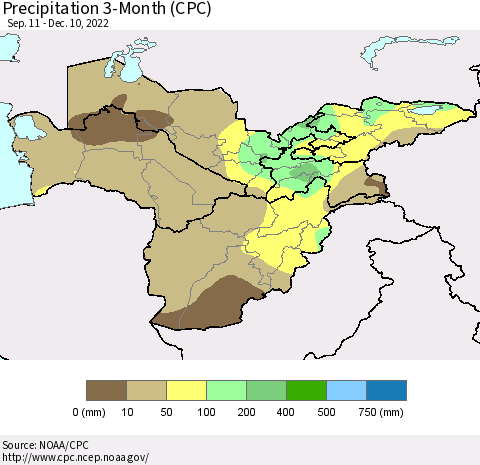 Central Asia Precipitation 3-Month (CPC) Thematic Map For 9/11/2022 - 12/10/2022