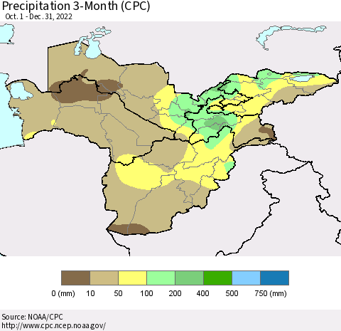 Central Asia Precipitation 3-Month (CPC) Thematic Map For 10/1/2022 - 12/31/2022