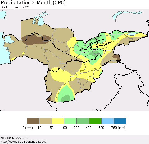 Central Asia Precipitation 3-Month (CPC) Thematic Map For 10/6/2022 - 1/5/2023