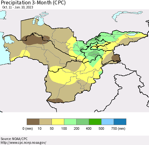 Central Asia Precipitation 3-Month (CPC) Thematic Map For 10/11/2022 - 1/10/2023