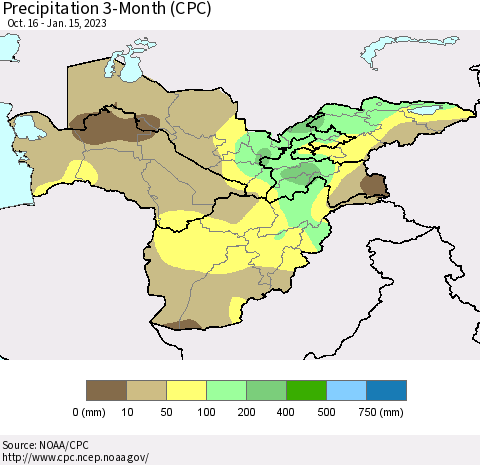 Central Asia Precipitation 3-Month (CPC) Thematic Map For 10/16/2022 - 1/15/2023