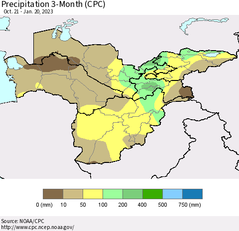 Central Asia Precipitation 3-Month (CPC) Thematic Map For 10/21/2022 - 1/20/2023