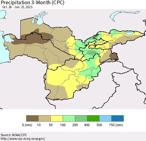 Central Asia Precipitation 3-Month (CPC) Thematic Map For 10/26/2022 - 1/25/2023
