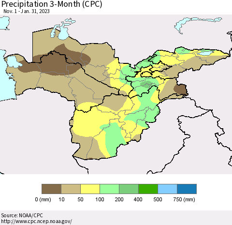 Central Asia Precipitation 3-Month (CPC) Thematic Map For 11/1/2022 - 1/31/2023