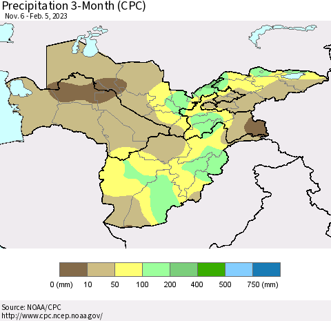 Central Asia Precipitation 3-Month (CPC) Thematic Map For 11/6/2022 - 2/5/2023
