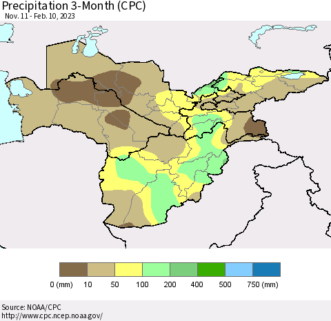 Central Asia Precipitation 3-Month (CPC) Thematic Map For 11/11/2022 - 2/10/2023