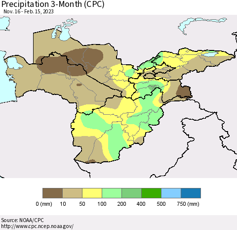Central Asia Precipitation 3-Month (CPC) Thematic Map For 11/16/2022 - 2/15/2023