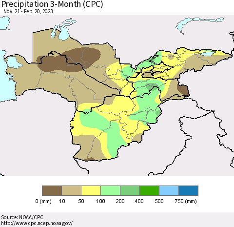 Central Asia Precipitation 3-Month (CPC) Thematic Map For 11/21/2022 - 2/20/2023