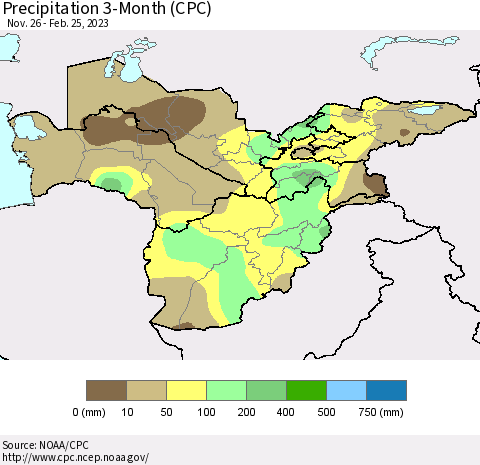 Central Asia Precipitation 3-Month (CPC) Thematic Map For 11/26/2022 - 2/25/2023