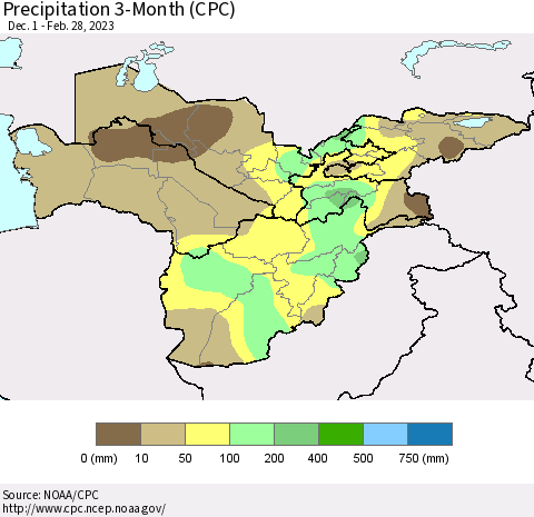 Central Asia Precipitation 3-Month (CPC) Thematic Map For 12/1/2022 - 2/28/2023