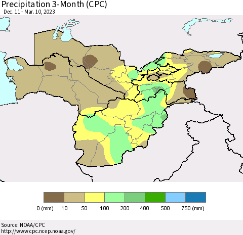 Central Asia Precipitation 3-Month (CPC) Thematic Map For 12/11/2022 - 3/10/2023