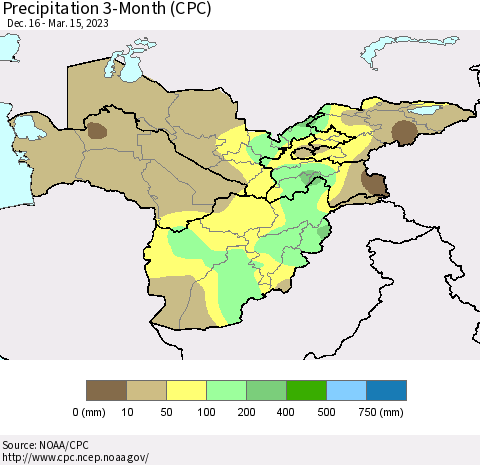 Central Asia Precipitation 3-Month (CPC) Thematic Map For 12/16/2022 - 3/15/2023