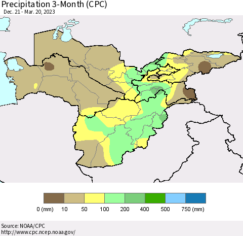 Central Asia Precipitation 3-Month (CPC) Thematic Map For 12/21/2022 - 3/20/2023