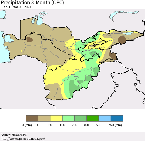 Central Asia Precipitation 3-Month (CPC) Thematic Map For 1/1/2023 - 3/31/2023