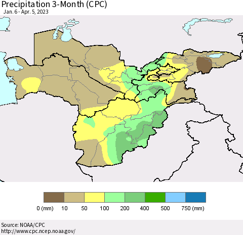 Central Asia Precipitation 3-Month (CPC) Thematic Map For 1/6/2023 - 4/5/2023