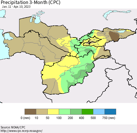 Central Asia Precipitation 3-Month (CPC) Thematic Map For 1/11/2023 - 4/10/2023