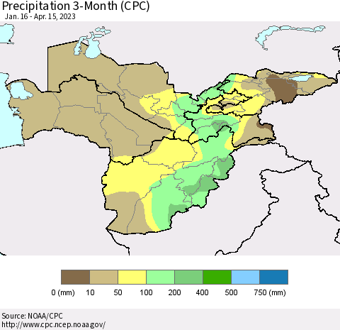 Central Asia Precipitation 3-Month (CPC) Thematic Map For 1/16/2023 - 4/15/2023
