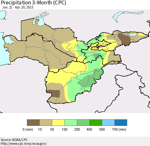 Central Asia Precipitation 3-Month (CPC) Thematic Map For 1/21/2023 - 4/20/2023