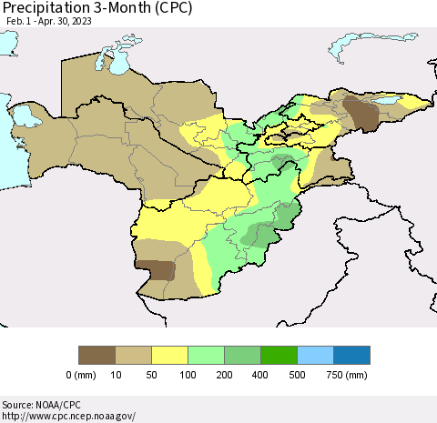 Central Asia Precipitation 3-Month (CPC) Thematic Map For 2/1/2023 - 4/30/2023