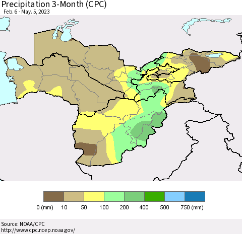 Central Asia Precipitation 3-Month (CPC) Thematic Map For 2/6/2023 - 5/5/2023