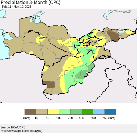 Central Asia Precipitation 3-Month (CPC) Thematic Map For 2/11/2023 - 5/10/2023