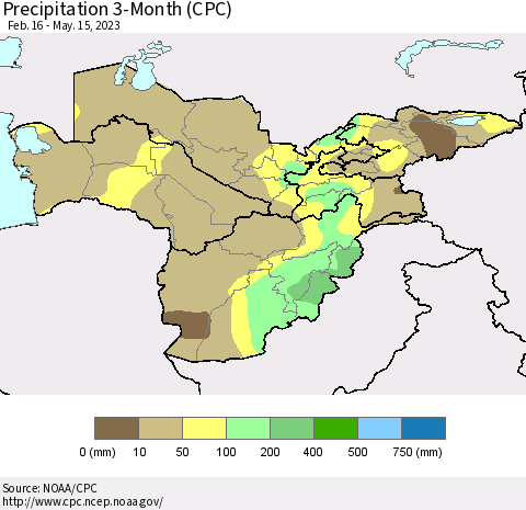 Central Asia Precipitation 3-Month (CPC) Thematic Map For 2/16/2023 - 5/15/2023